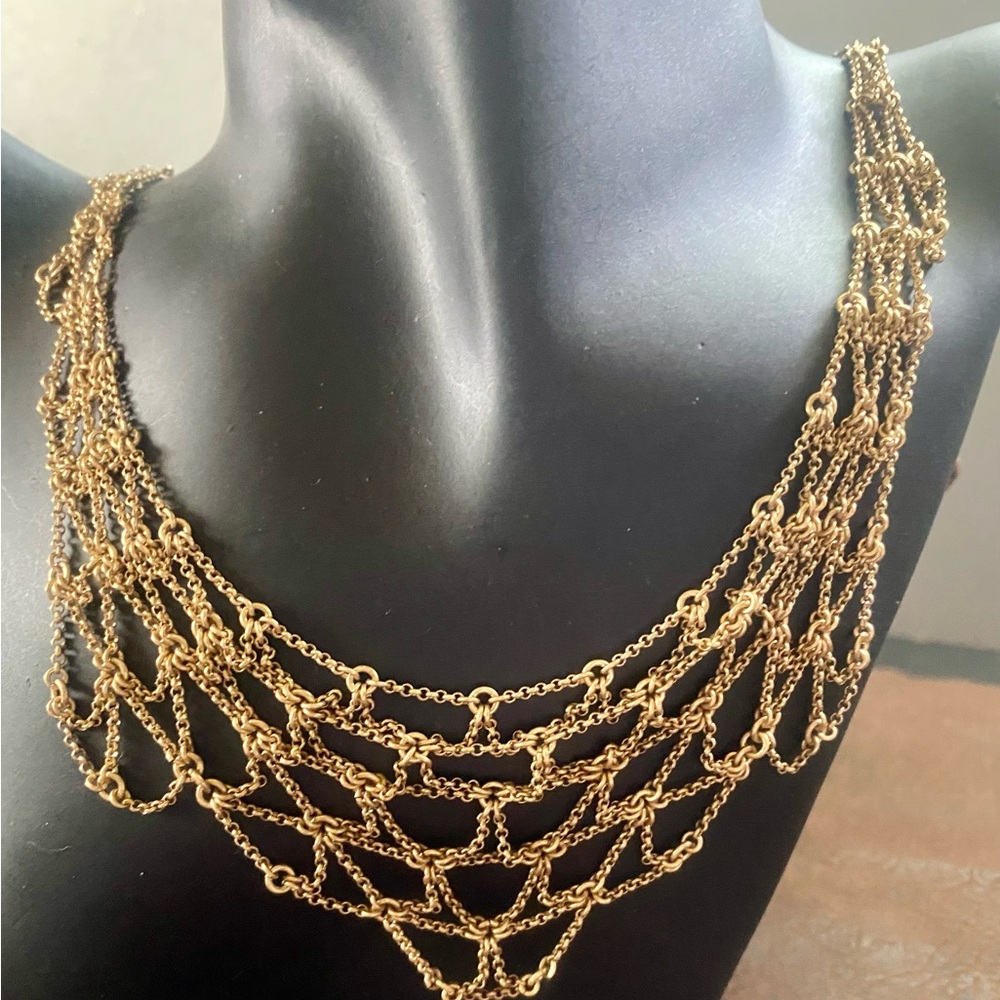 “1937” Vintage inspired brass tone Layered chainmail or mesh style bib necklace